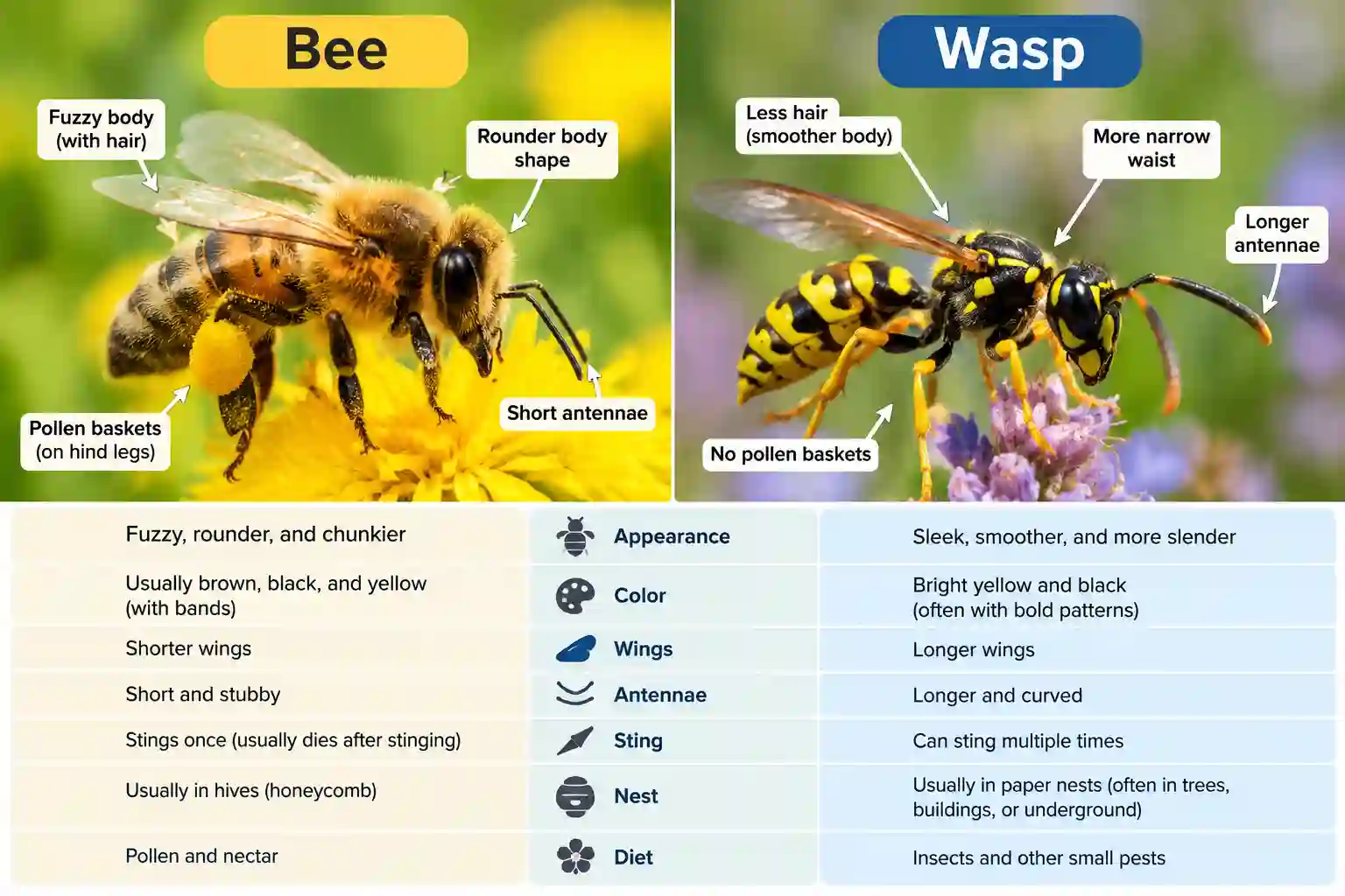 difference between bees and wasps