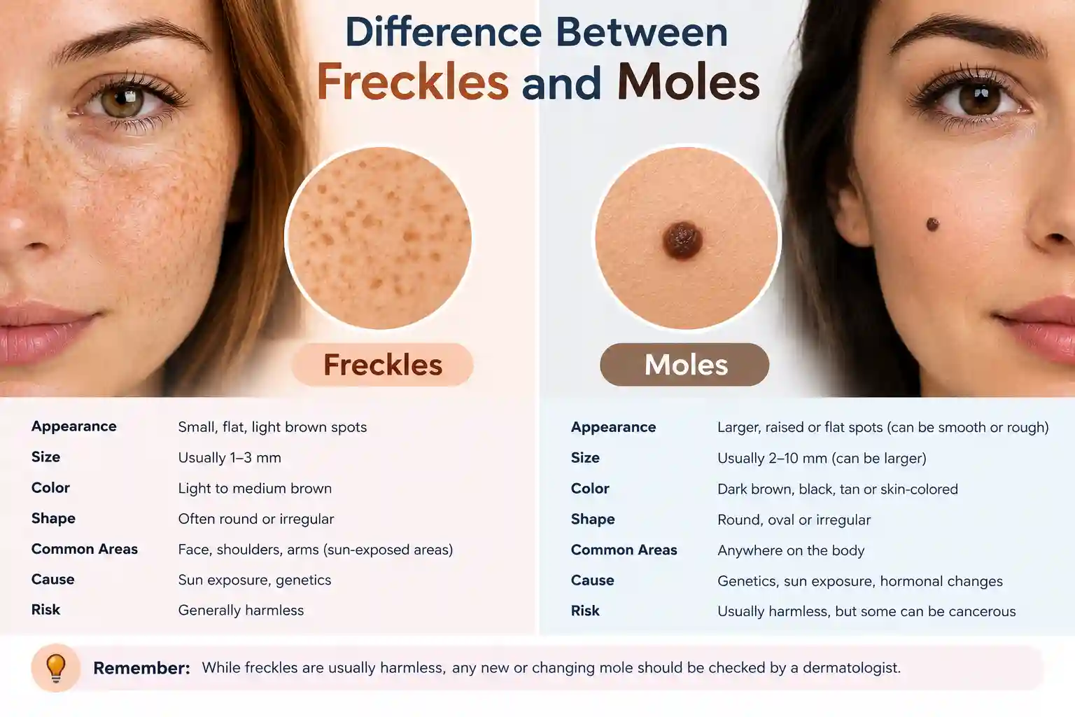 Difference Between Freckles and Moles