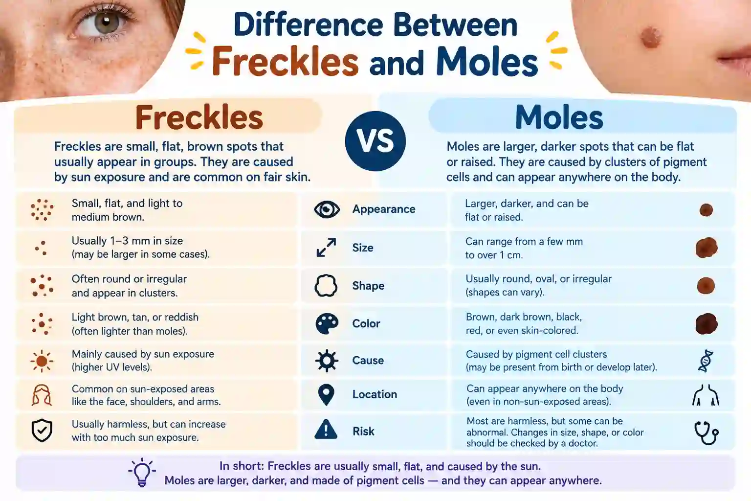 difference between freckles and moles