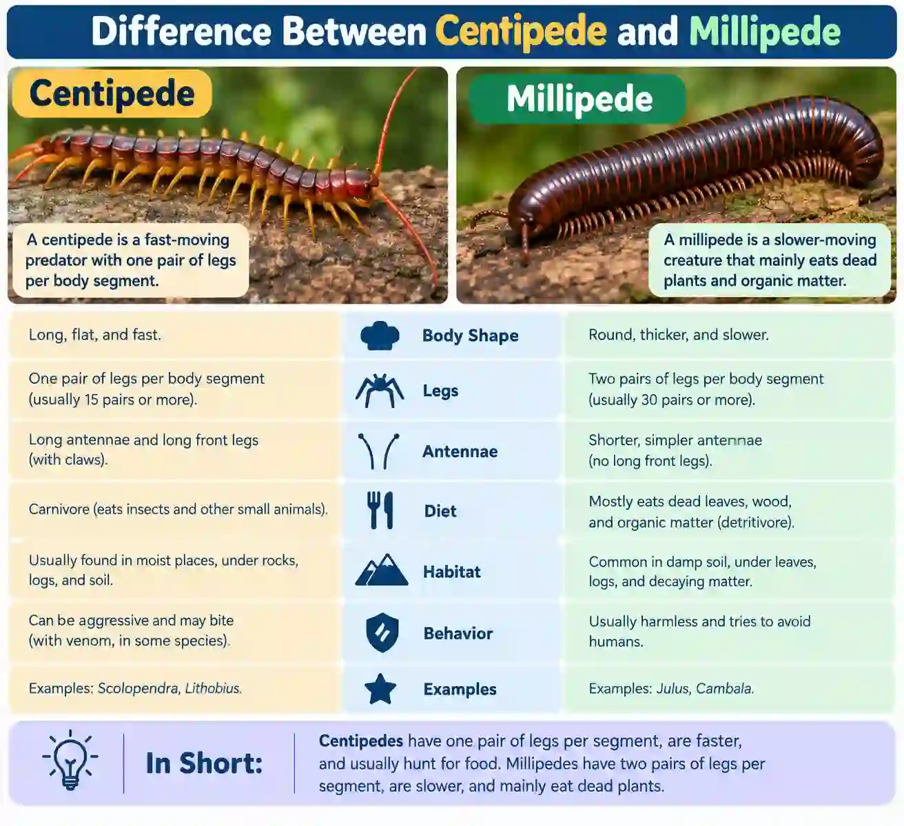 difference between centipede and millipede